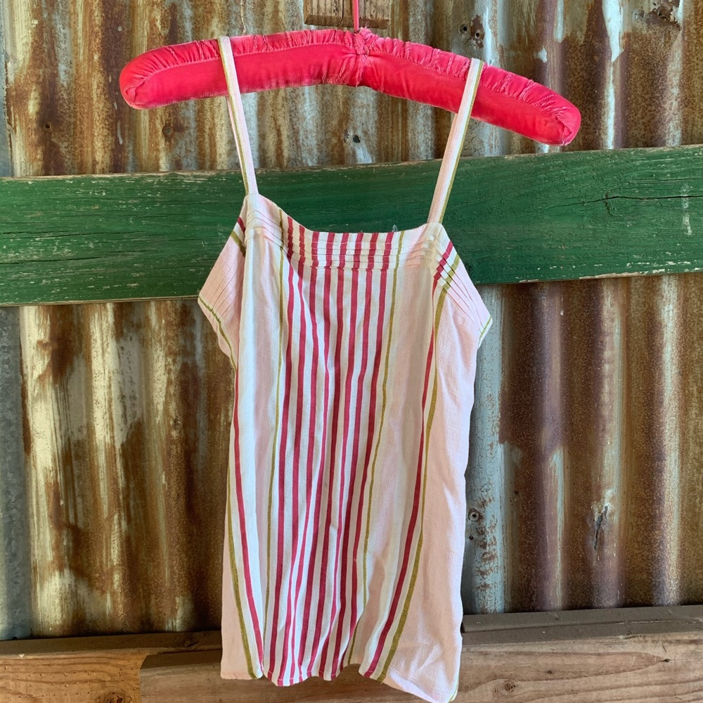 pink ,green, white ruffled tank top